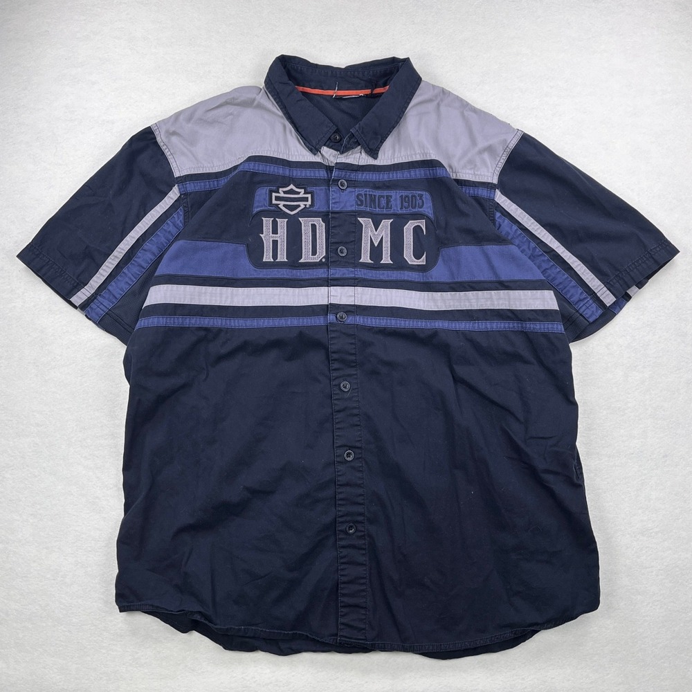 Harley-Davidson Mens Short Sleeve Button Up Shirt Blue Grey Embroidered HD MC